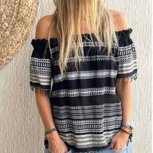 Lemlem Black and White Striped Off-Shoulder Blouse
